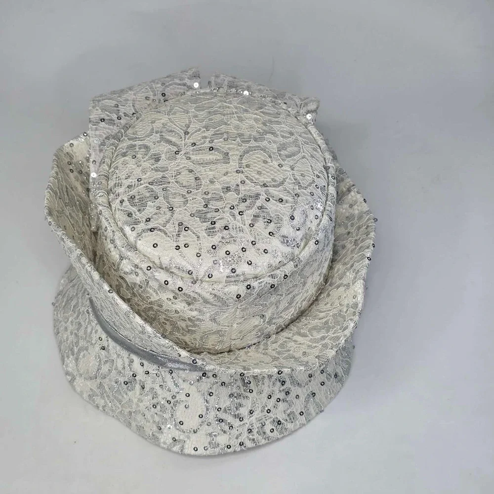 Ms Divine Hat Sun Women's Derby Church Brim Bow Rhinestone Sequin White Silver